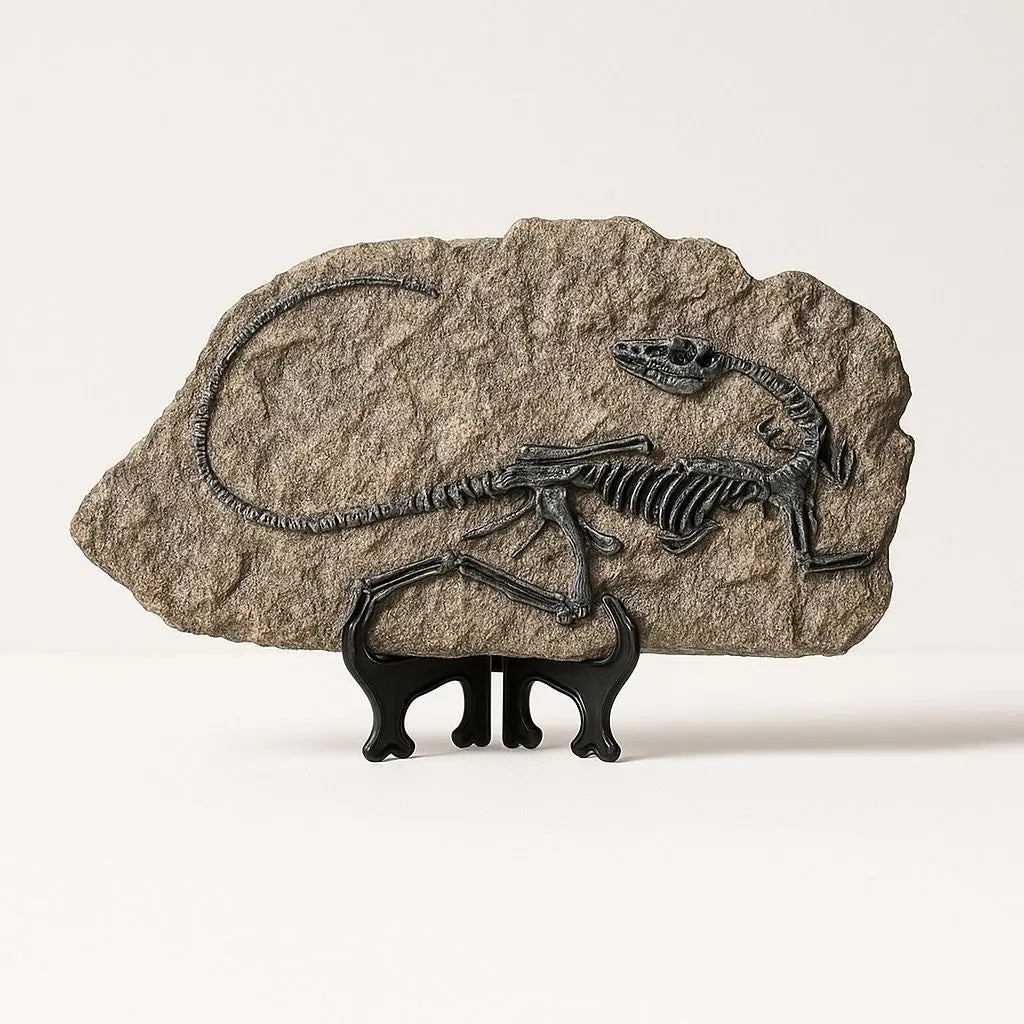 Fossilized lizard skeleton on a rock with a stand against a white background - home decor figurine