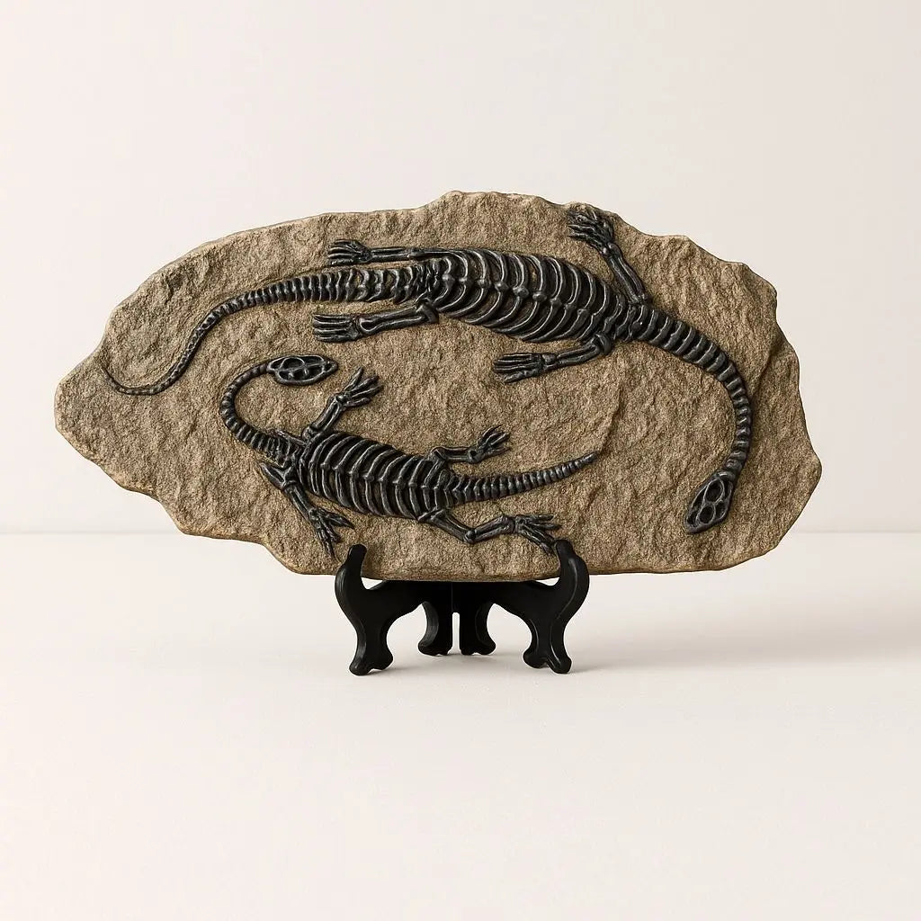 Decorative figurine of a fossilized lizard skeleton on a rock with a black stand against a beige background