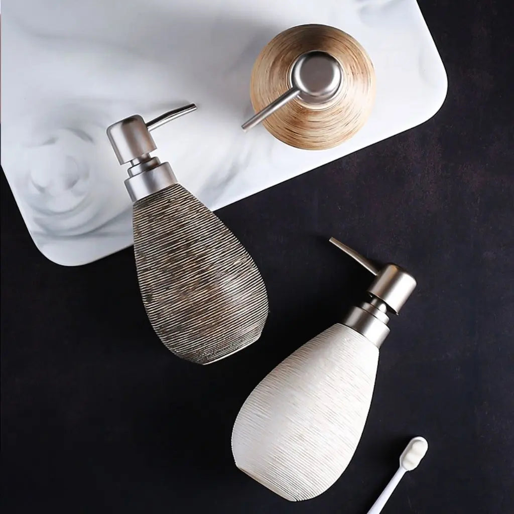 Brushed ceramic dispenser bottle with Japanese-inspired design for bathroom soap and lotion