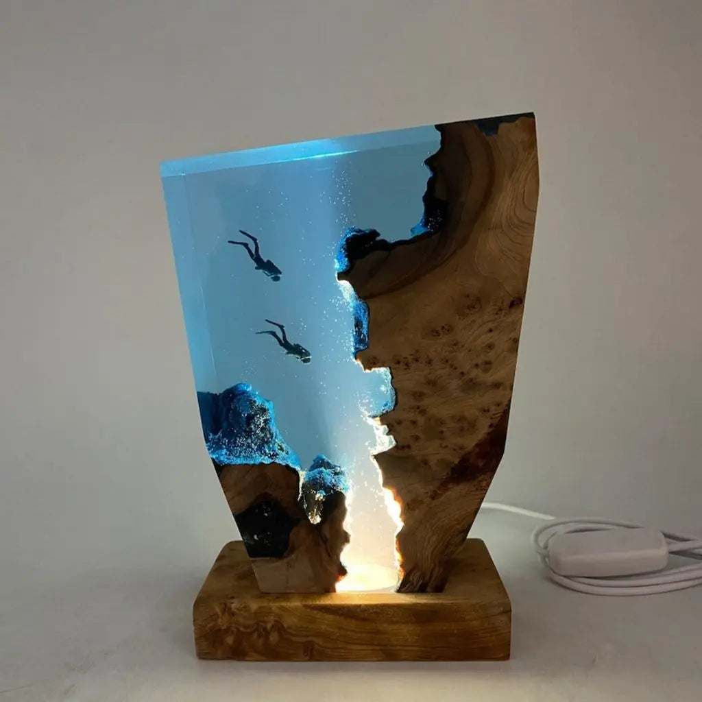 Handmade resin wood night lamp with 3D diver figurine underwater art sculpture home decor lighting