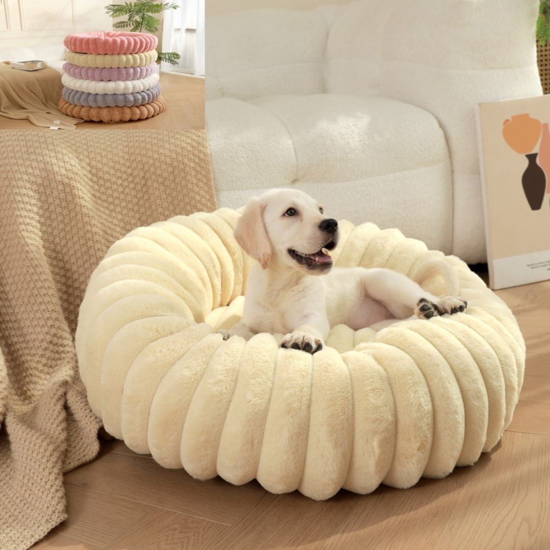 Fluffy faux fur round pet bed for cats and dogs with machine washable cover