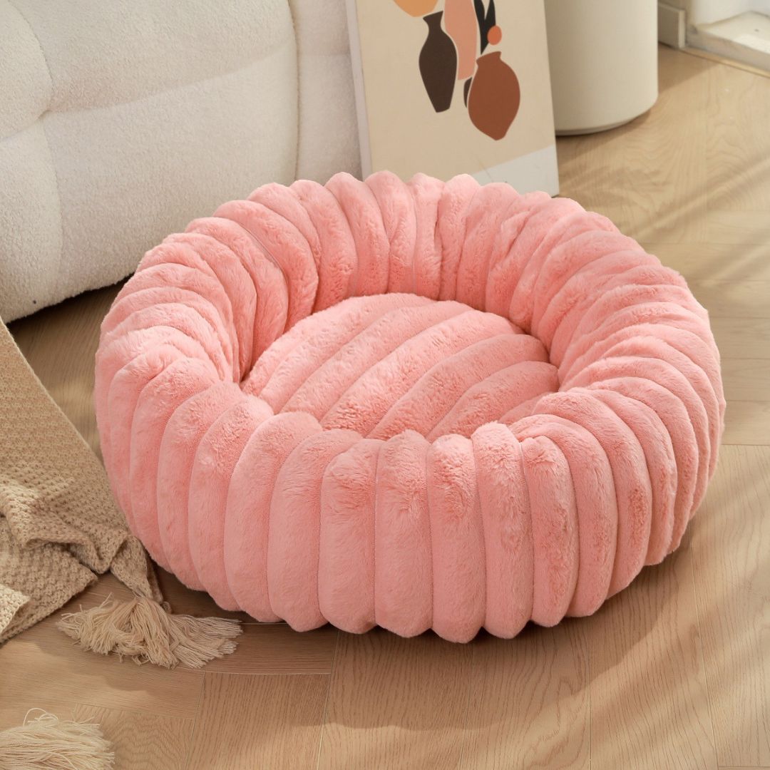 Warm plush dog bed for winter with insulated rabbit fur lining for cold weather