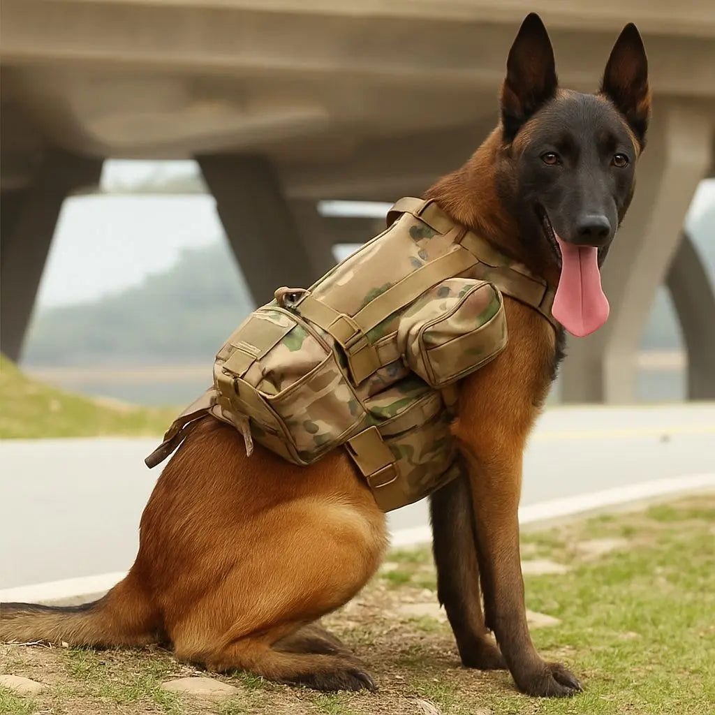 Professional MOLLE tactical dog vest with reinforced nylon construction and customizable pouch attachments