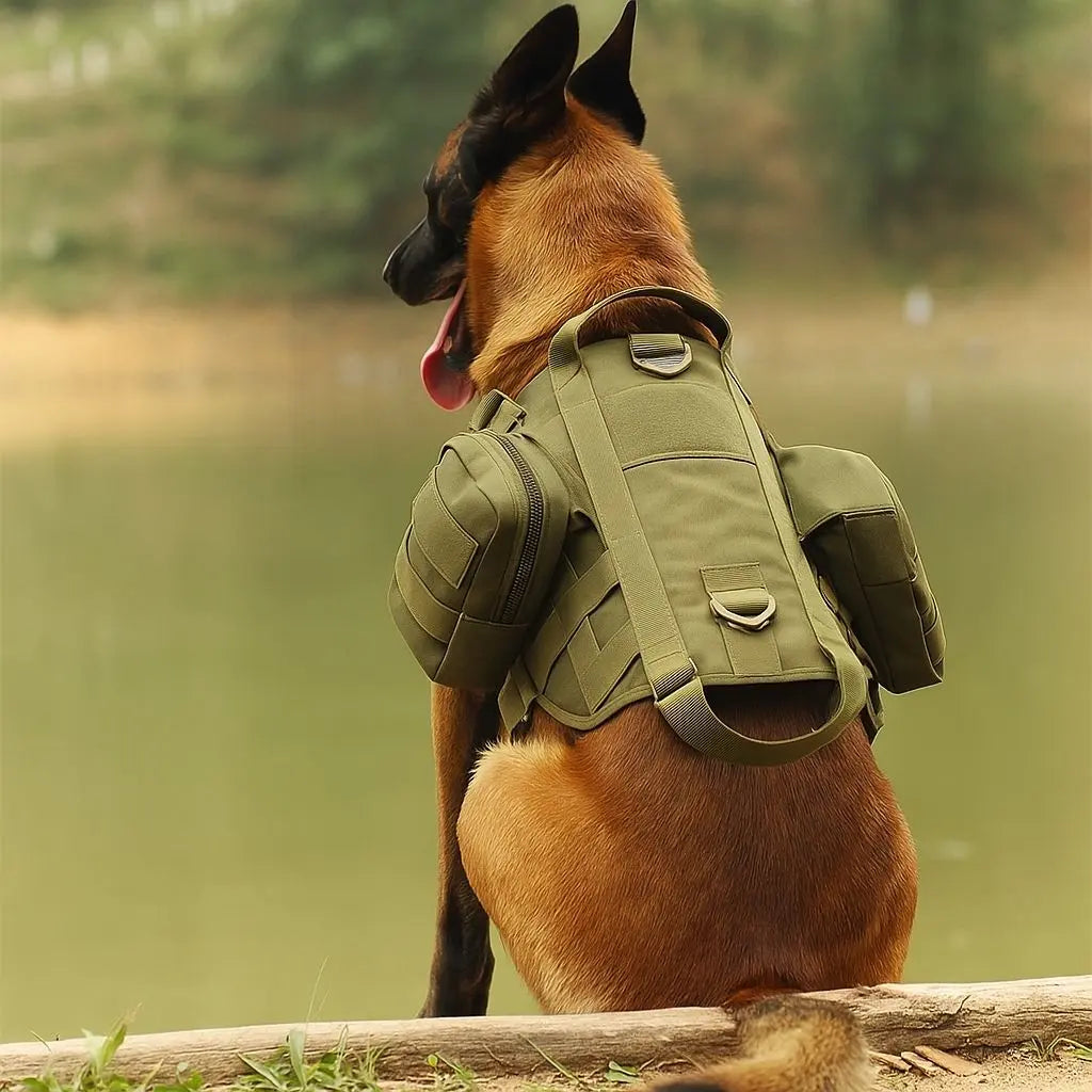 Military-style dog harness vest with detachable pouches and secure chest straps for outdoor adventures