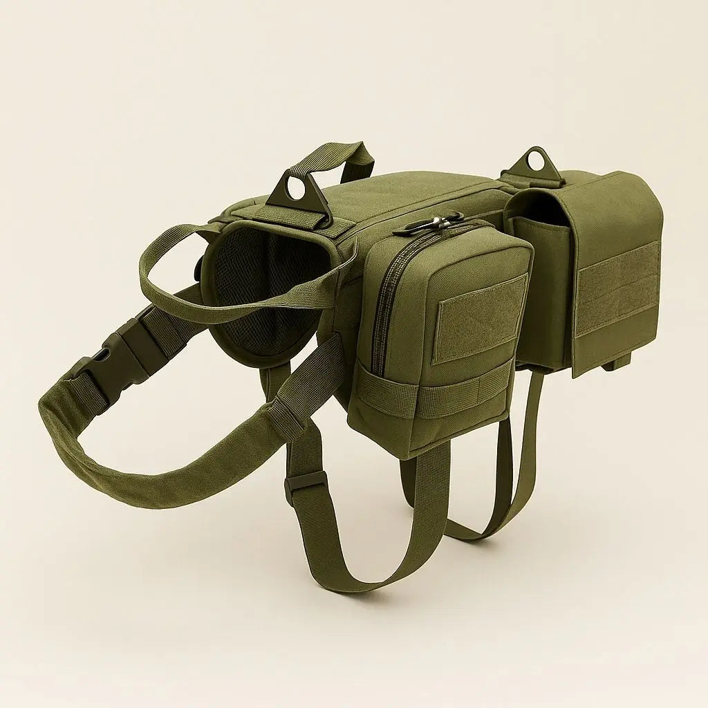 Heavy duty nylon tactical dog harness with MOLLE webbing system and adjustable straps for service training