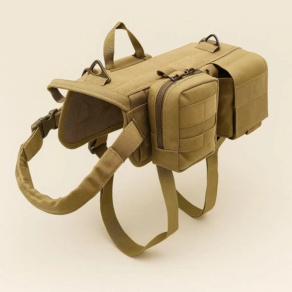 Adjustable tactical dog harness with heavy duty buckles and MOLLE system for service dog applications