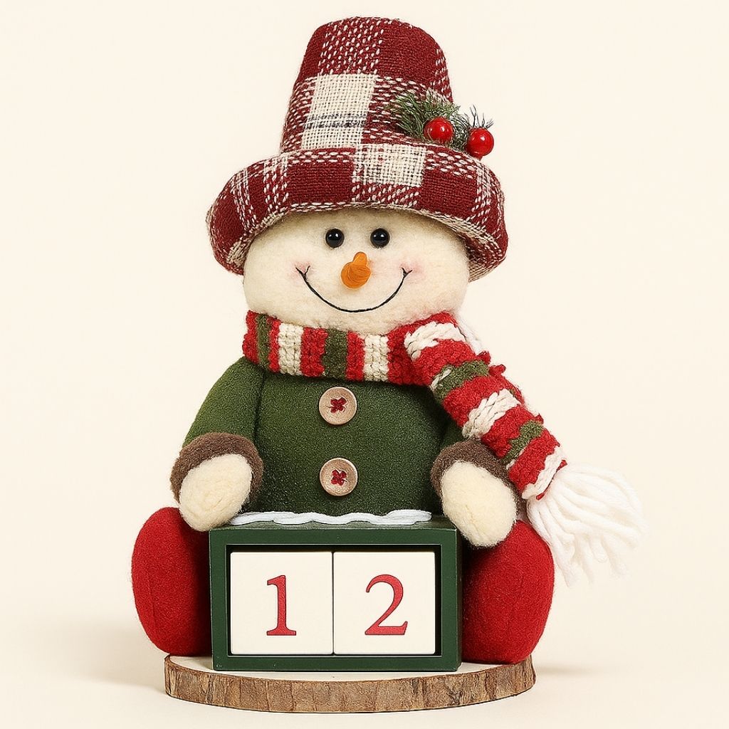 Holiday countdown ornament with cloth body and adjustable wooden block calendar display