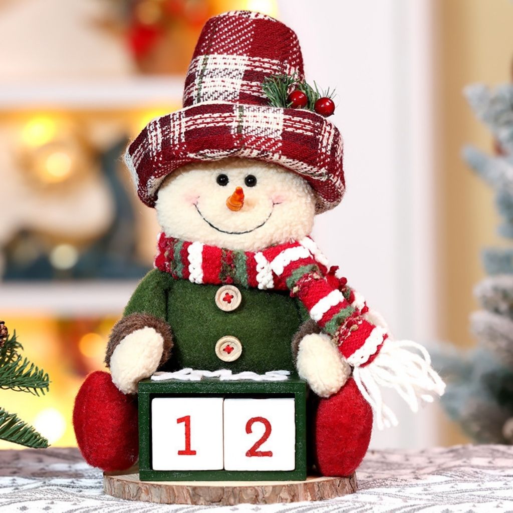 Festive countdown doll with patterned hat and wooden calendar blocks for Christmas