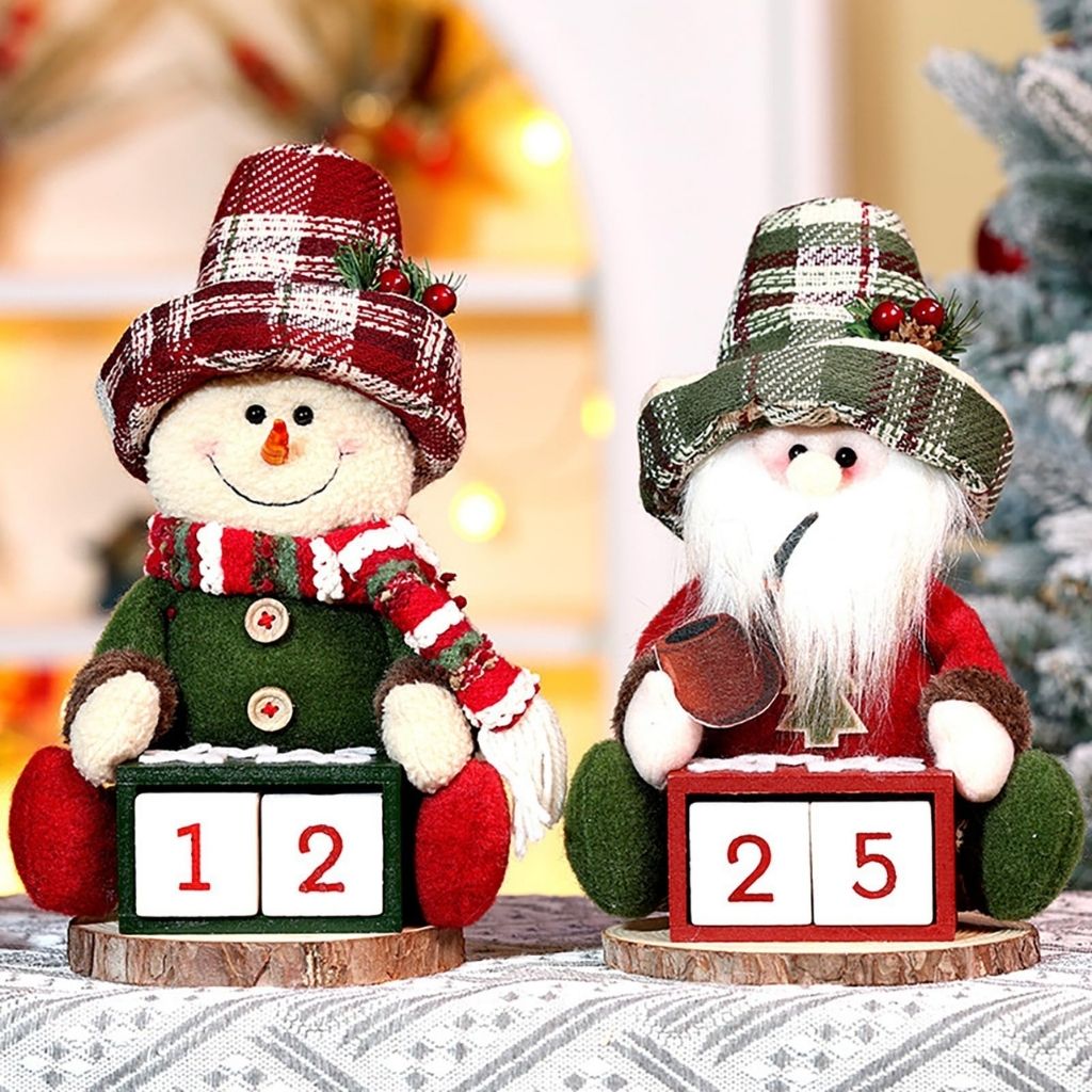 Wooden block calendar attached to cloth Christmas doll with red and white festive outfit