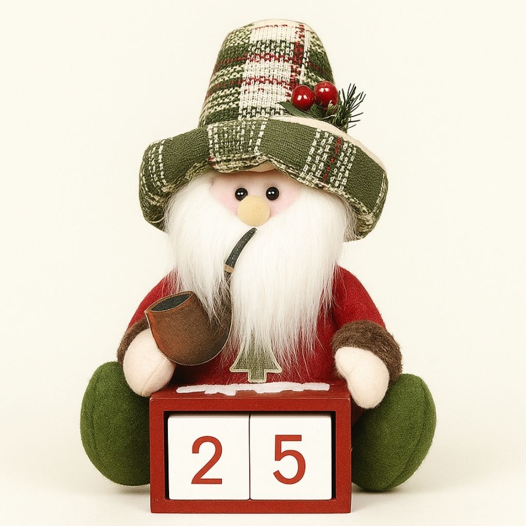 Christmas countdown doll with wooden block calendar and festive red outfit on white surface