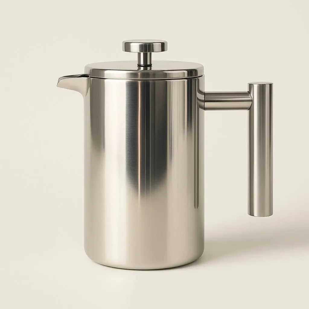 Stainless steel French press on a beige background