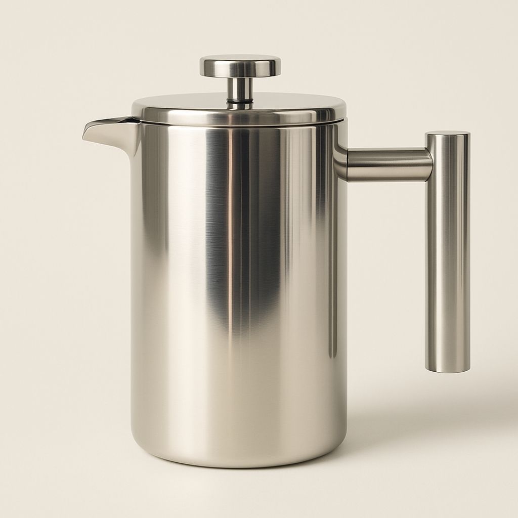 Stainless steel French press on a beige background