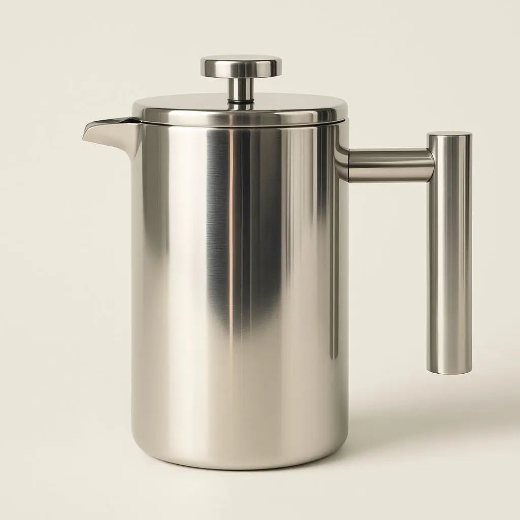 Stainless steel French press on a beige background