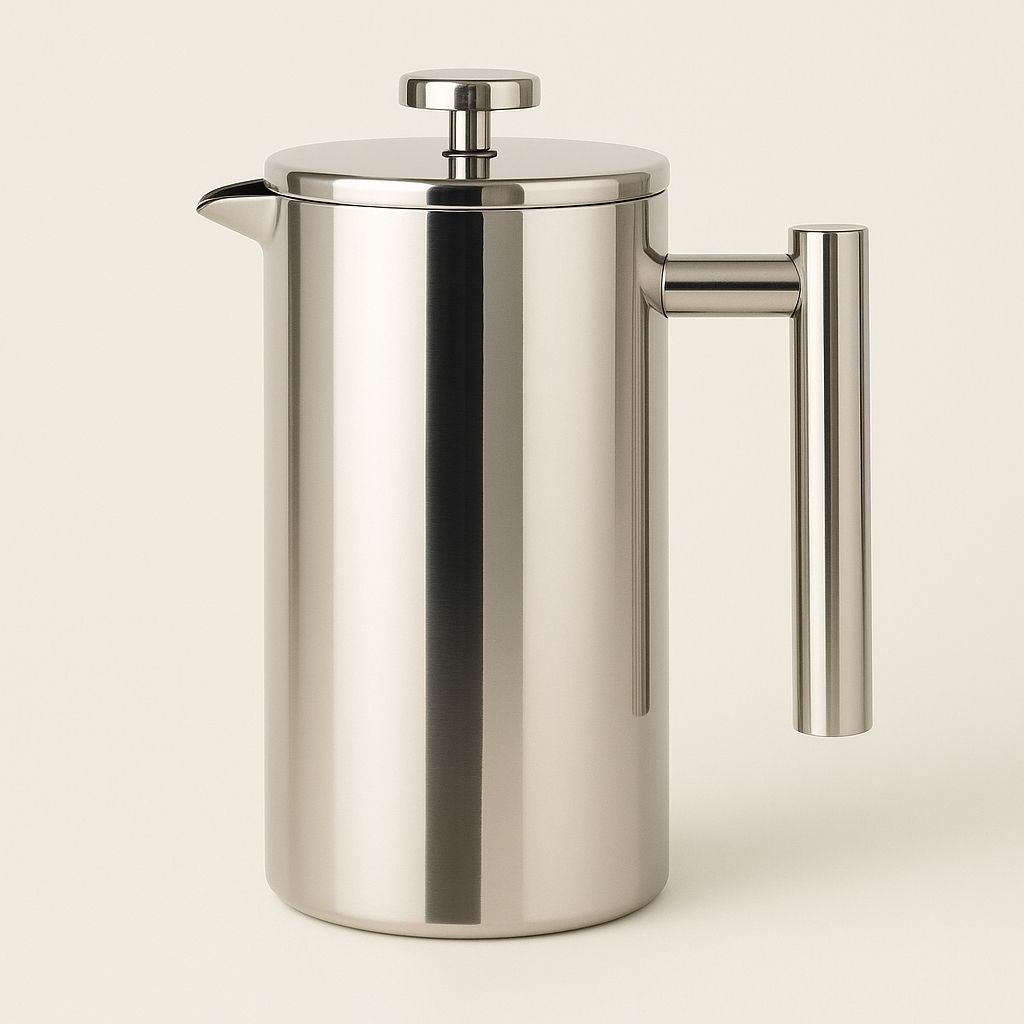 Stainless steel French press on a beige background