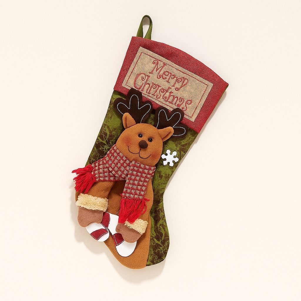 Handmade Christmas stocking with plush reindeer accent and layered cloth details