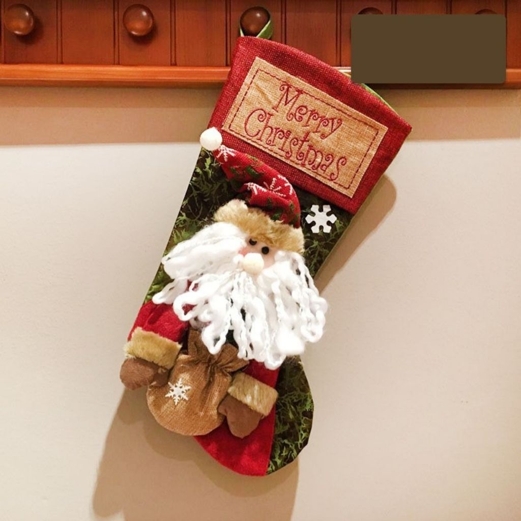 Christmas decor stocking with handcrafted plush reindeer and durable cloth material