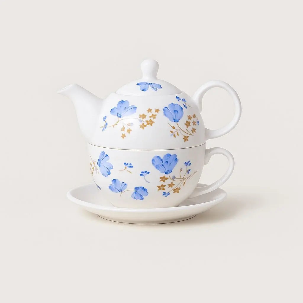 Premium ceramic tea for one set with hand-painted floral design. Stackable porcelain teapot, cup & saucer. Perfect tea gift set