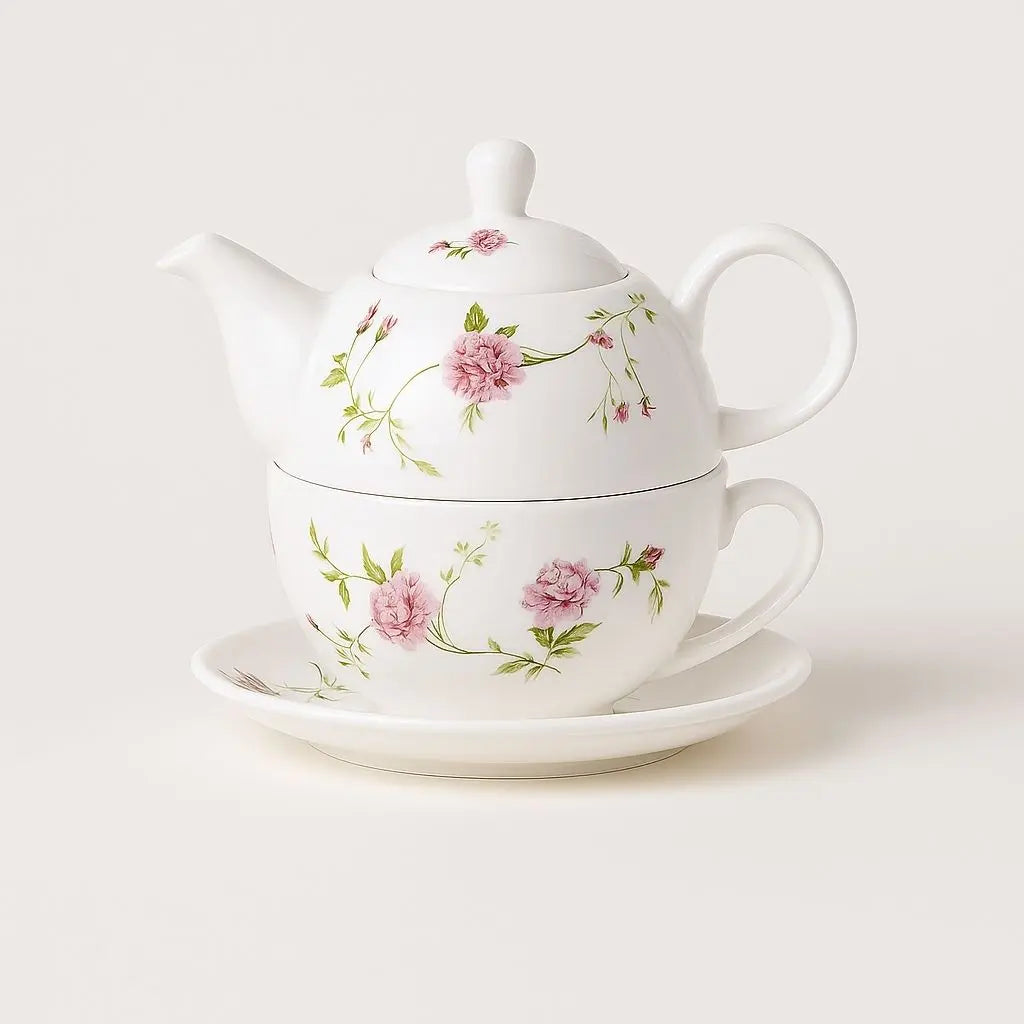 Premium ceramic tea for one set with hand-painted floral design. Stackable porcelain teapot, cup & saucer.