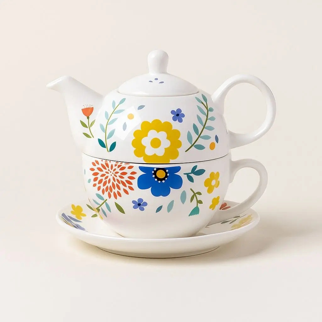 Ceramic Tea for One Set - Floral Porcelain Teapot & Cup