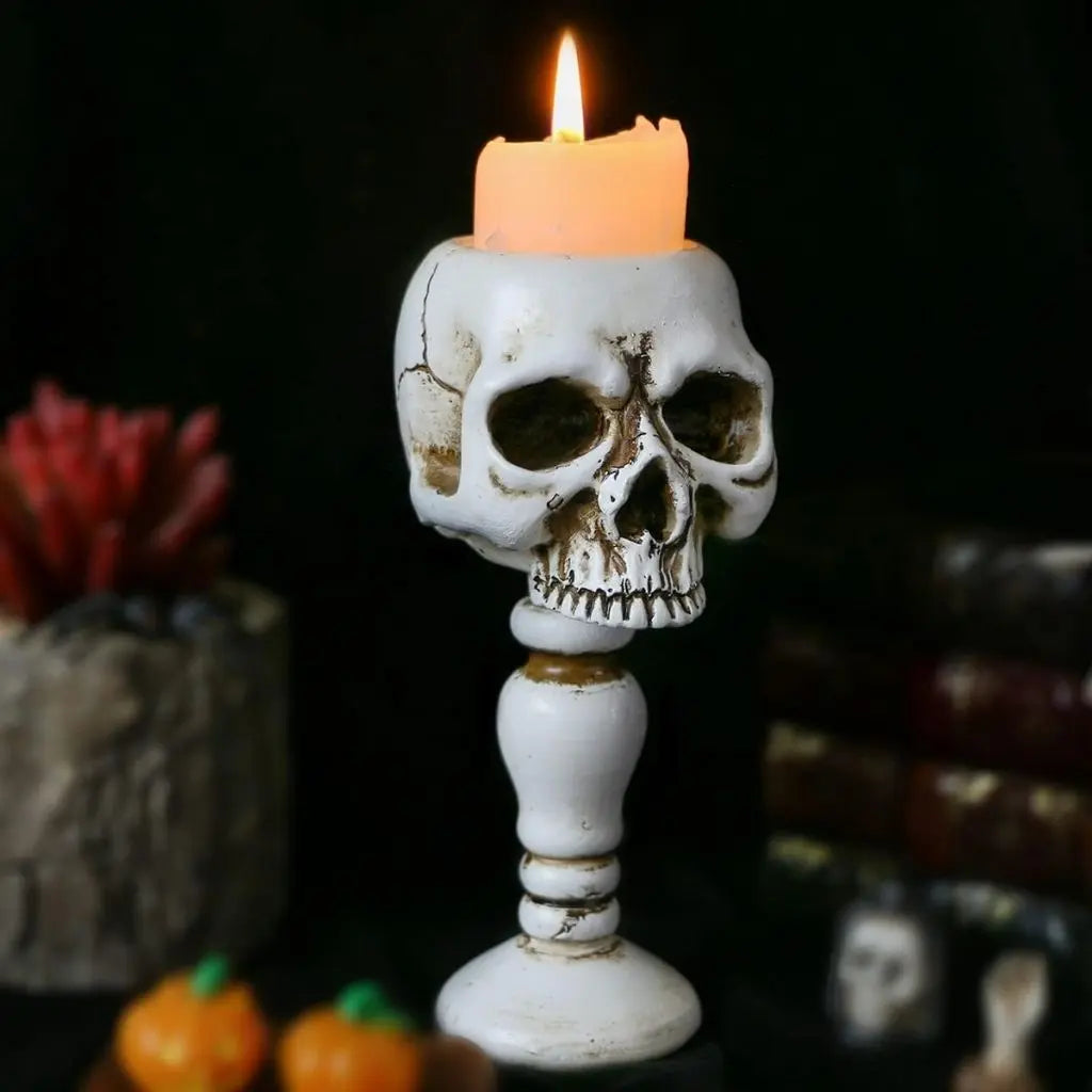 Gothic skull candle holder with elevated pedestal base sturdy Halloween decor for standard candles