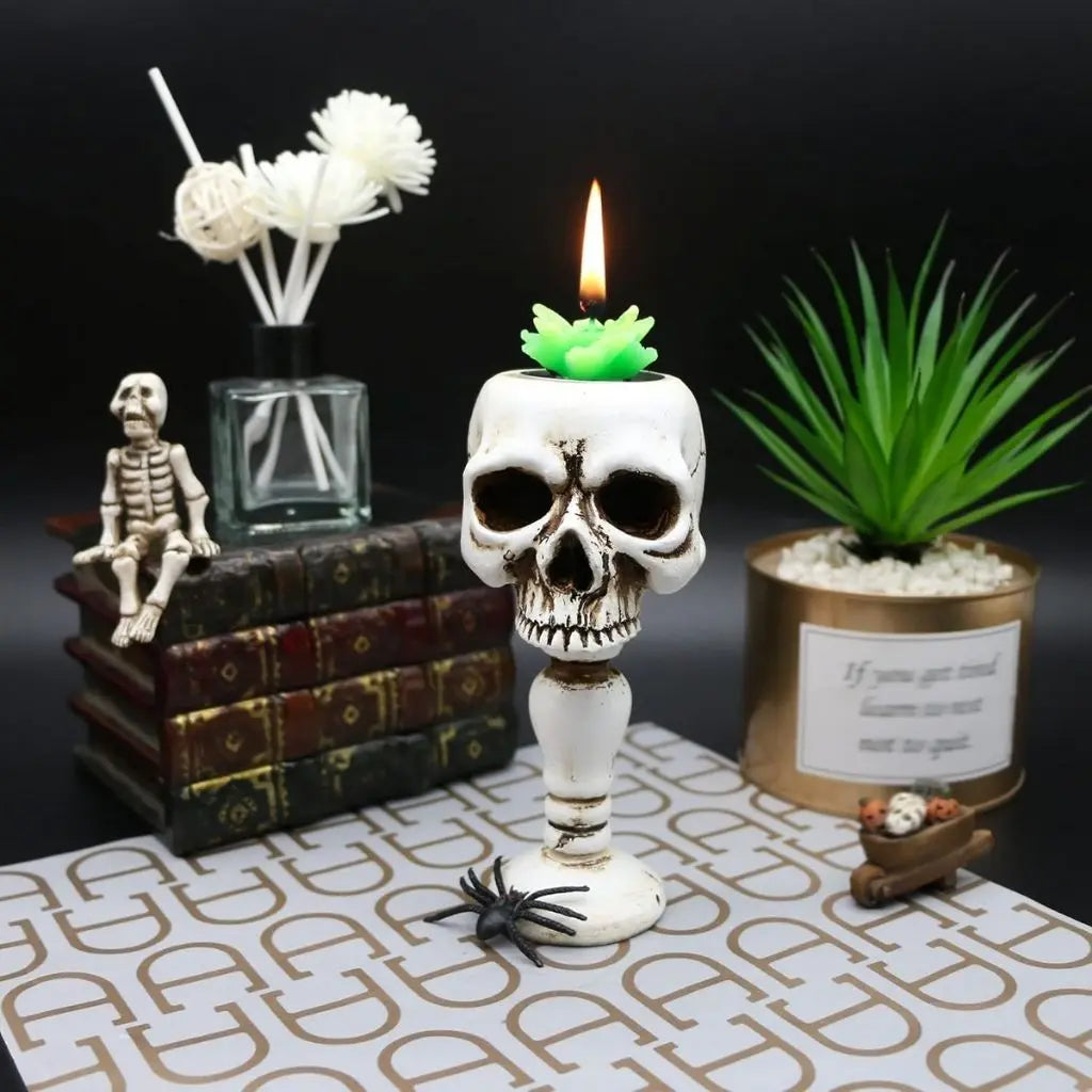 Gothic skull candle holder back view showing detailed craftsmanship - spooky Halloween home decoration