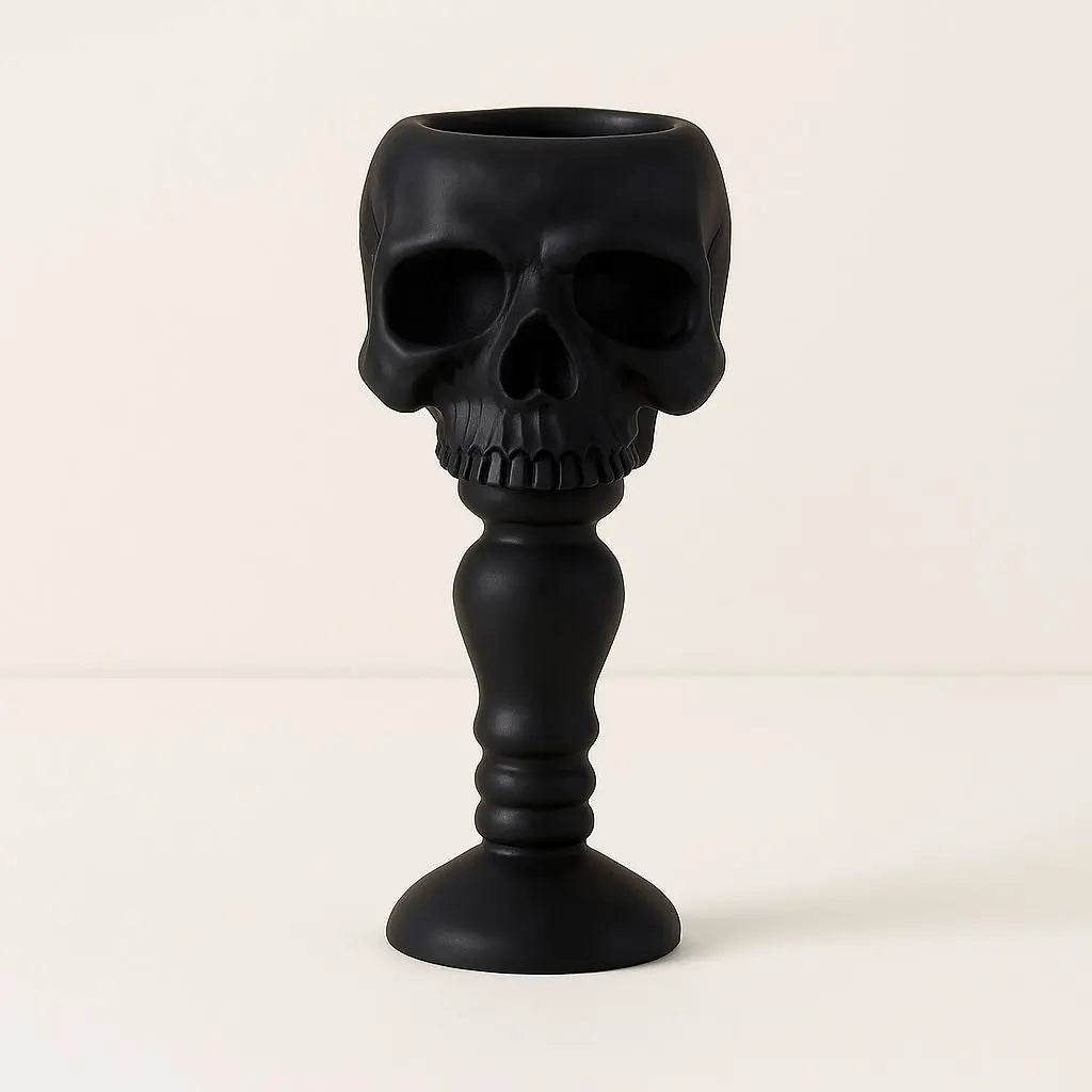 Textured resin skull candle holder side view - gothic Halloween decoration with detailed bone-like finish