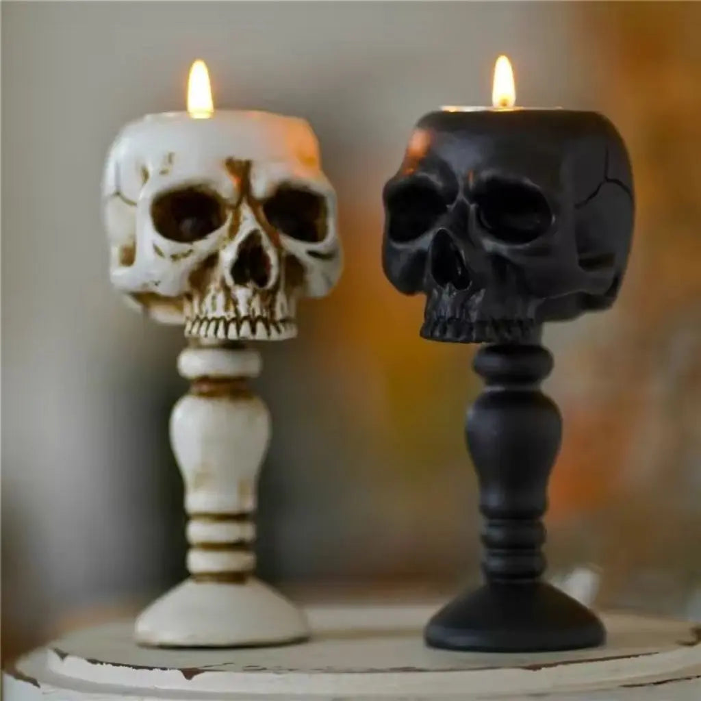 Gothic skull candle holder in Halloween tablescape - premium macabre decor for seasonal home styling
