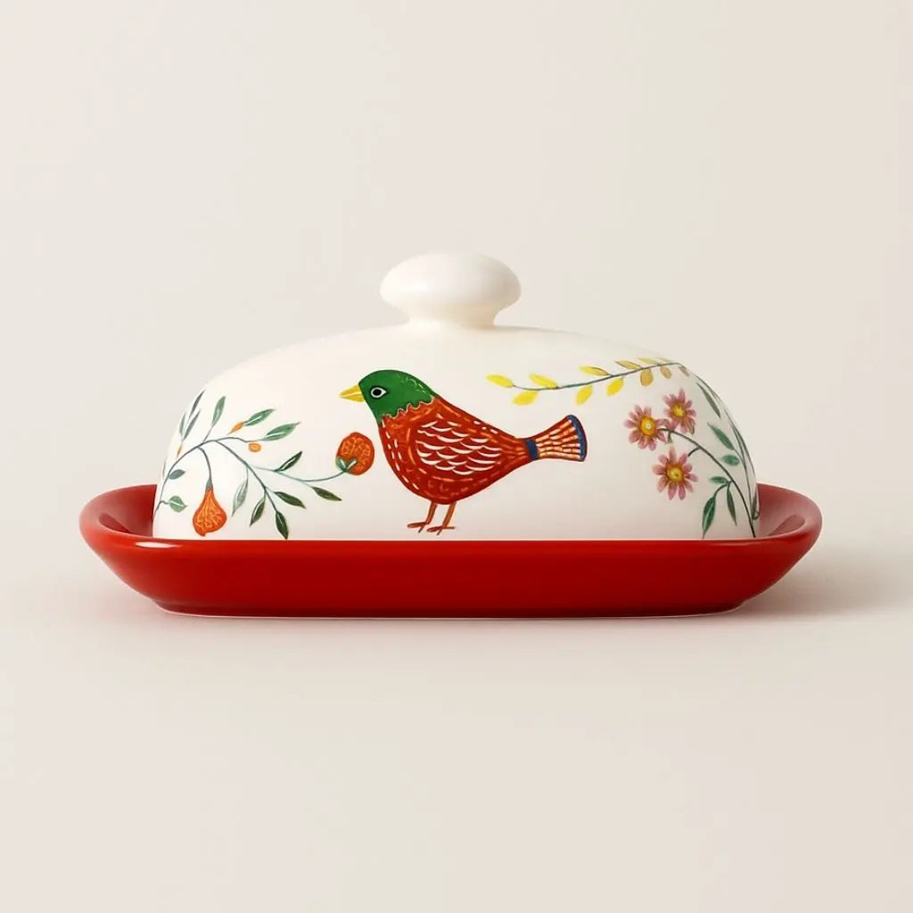 Handcrafted ceramic butter dish with European floral design and matching lid for kitchen storage.