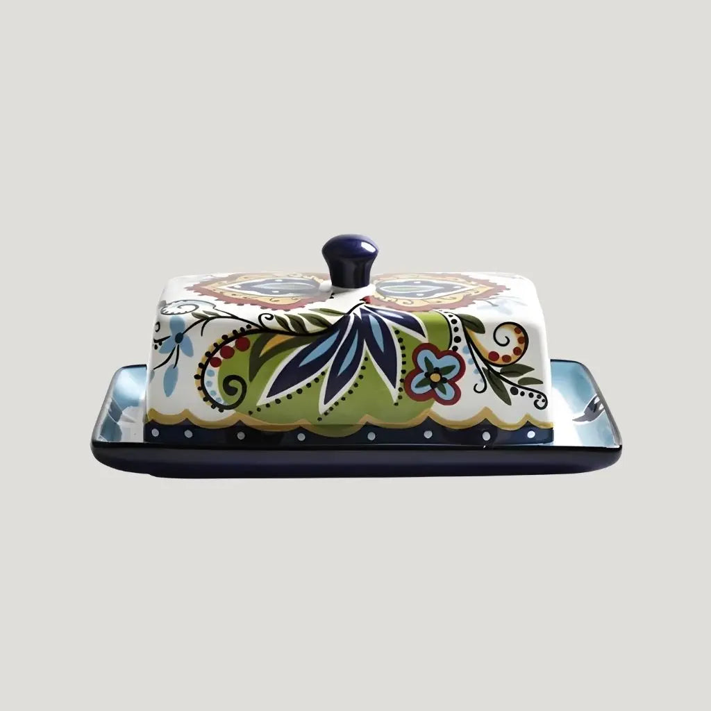 Rectangular ceramic butter keeper with fitted lid showcasing European craftsmanship for dining.
