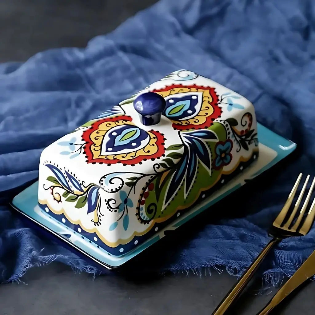 Complete ceramic butter dish set with lid showcasing European style for kitchen and dining use.