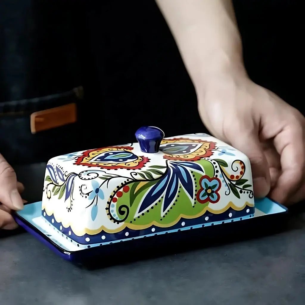 Close-up of European floral ceramic pattern on handcrafted butter dish with artistic details.