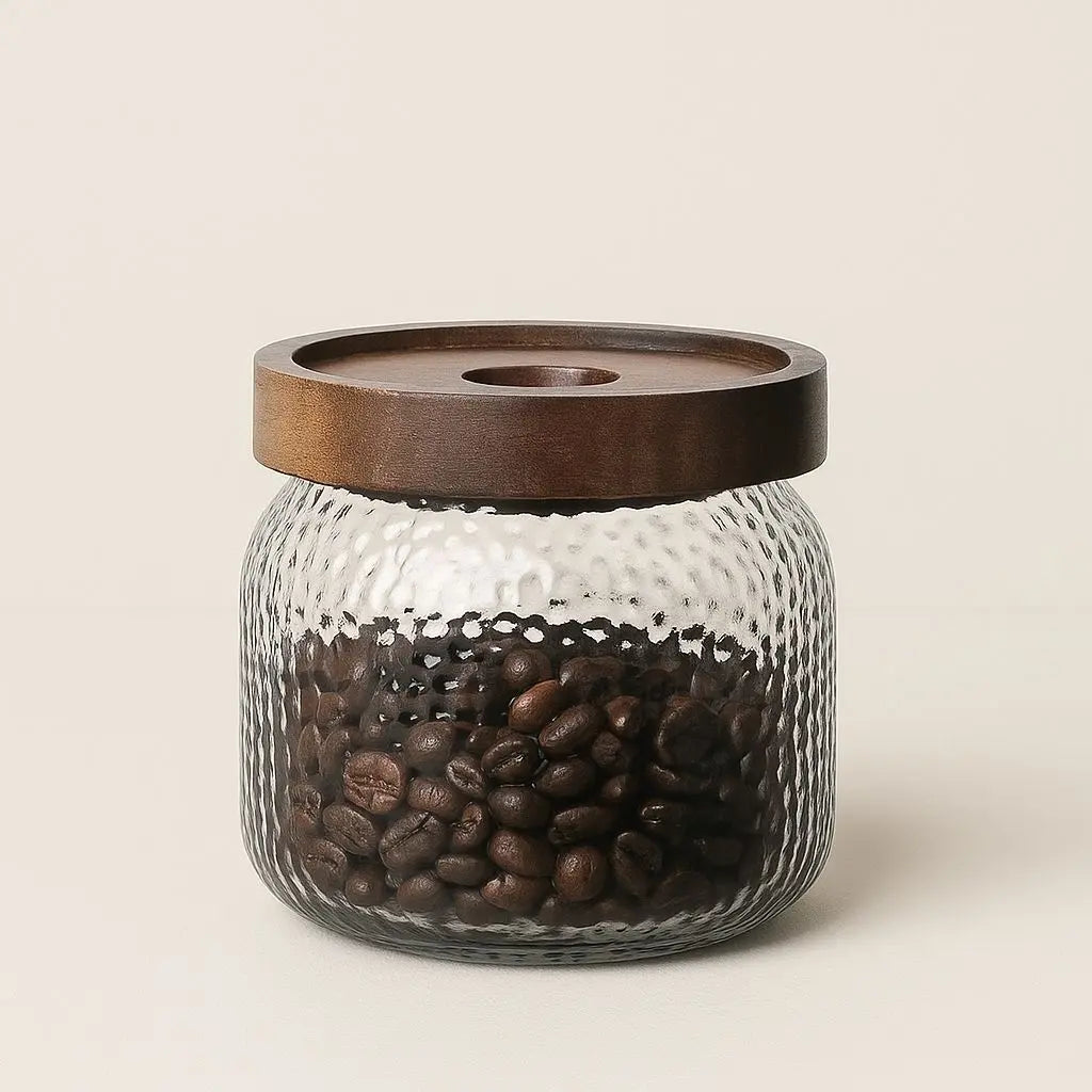Glass storage jar with natural acacia wood lid featuring airtight seal for kitchen organization.