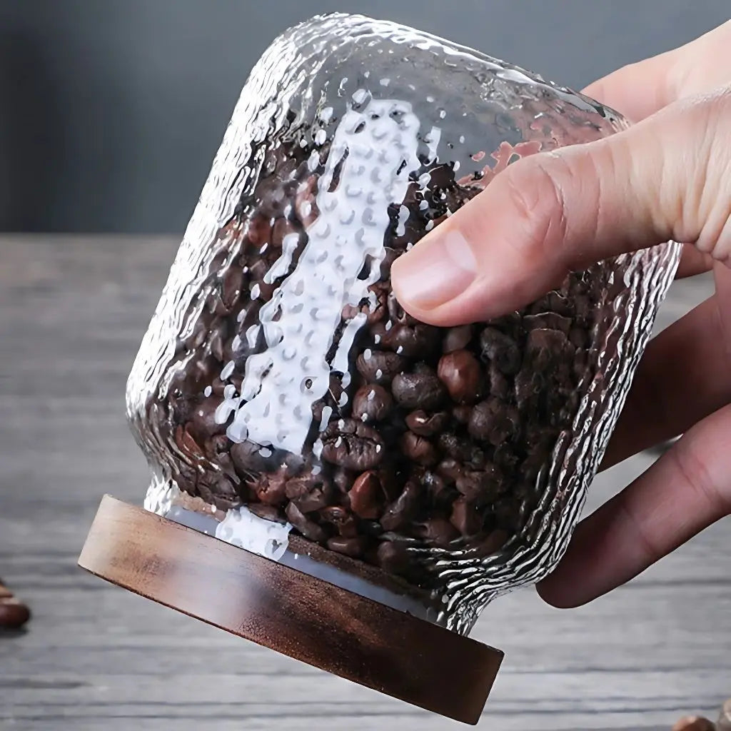 300ml glass container with acacia wood lid ideal for coffee and tea storage