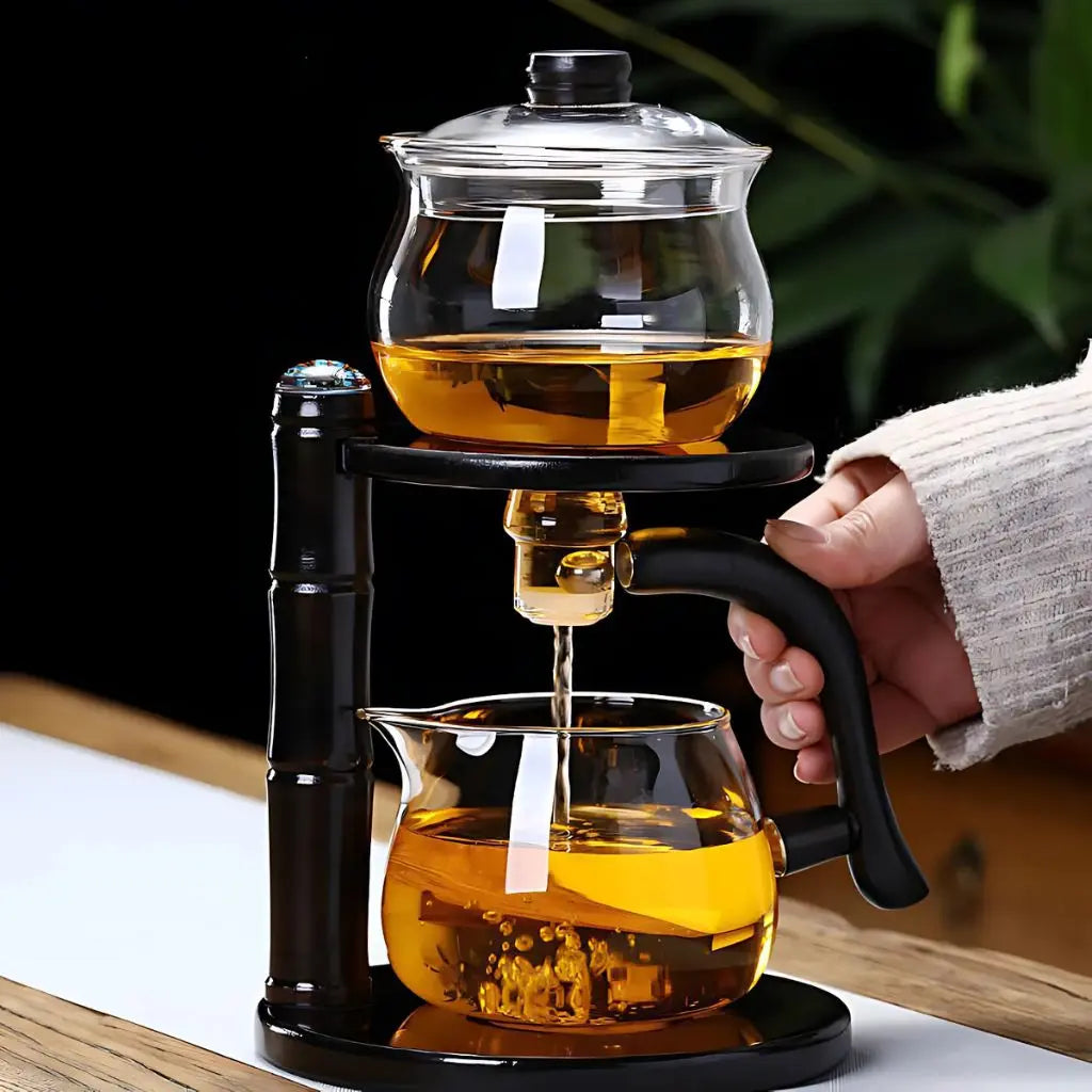 Crystal clear borosilicate glass teapot from Evie Lazy Kungfu Tea Set showing precision filtration design