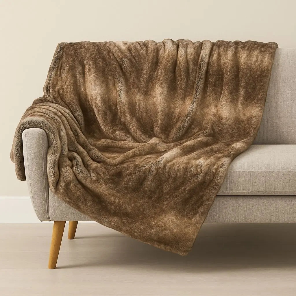 Clara faux fur throw in rich brown tones featuring reversible design for versatile home comfort and decorative styling