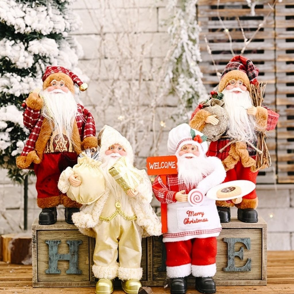 Christmas decor Santa with rustic sack and decorative bundle in classic red outfit