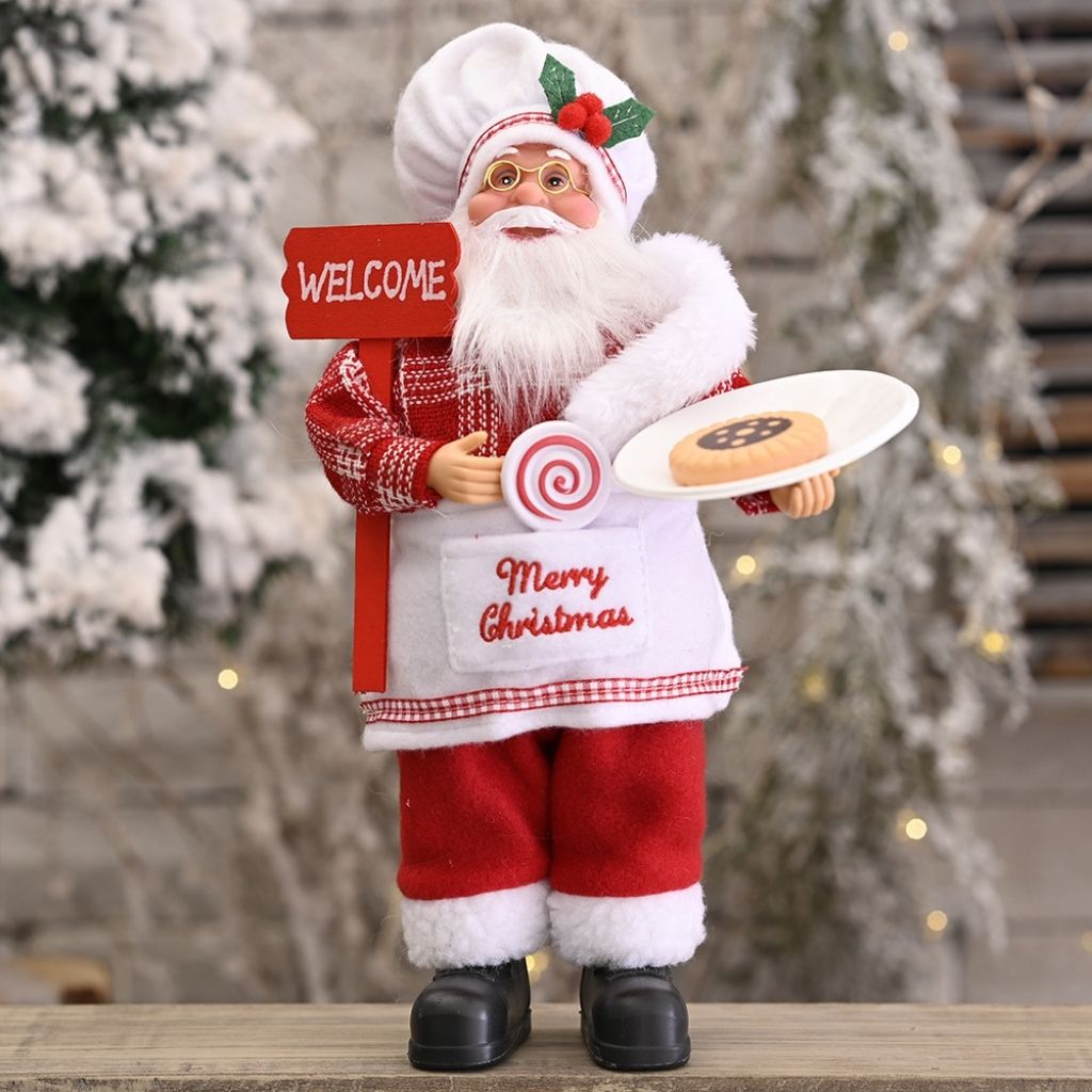 Standing Santa ornament from behind with visible clothing texture and holiday props