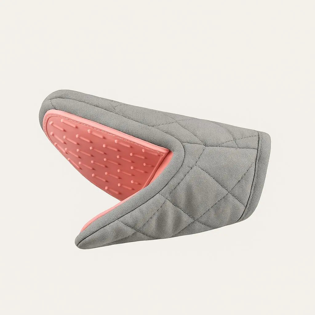 Heat resistant cooking gloves featuring unique fish-shaped silicone grip pattern for kitchen safety