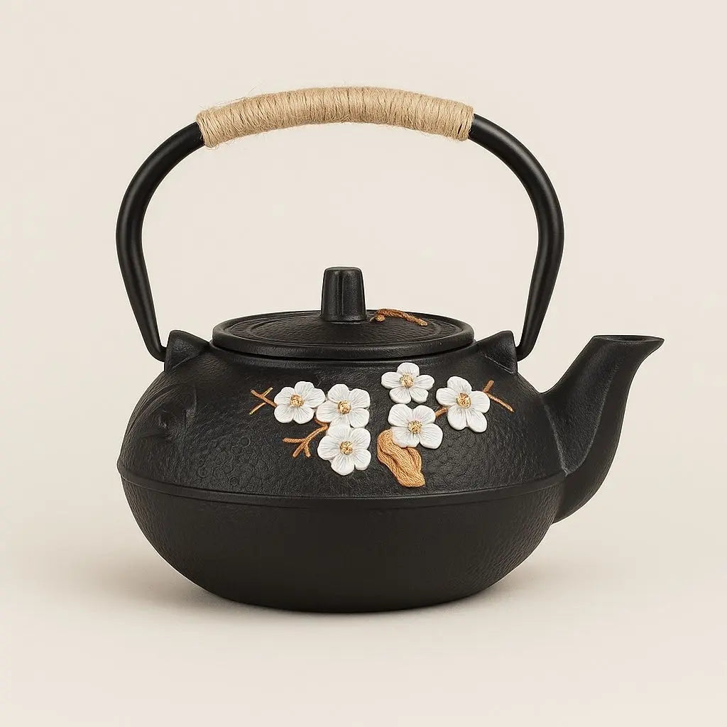 Cast iron teapot with hand-painted plum blossom design, 600ml capacity for authentic Japanese tea brewing