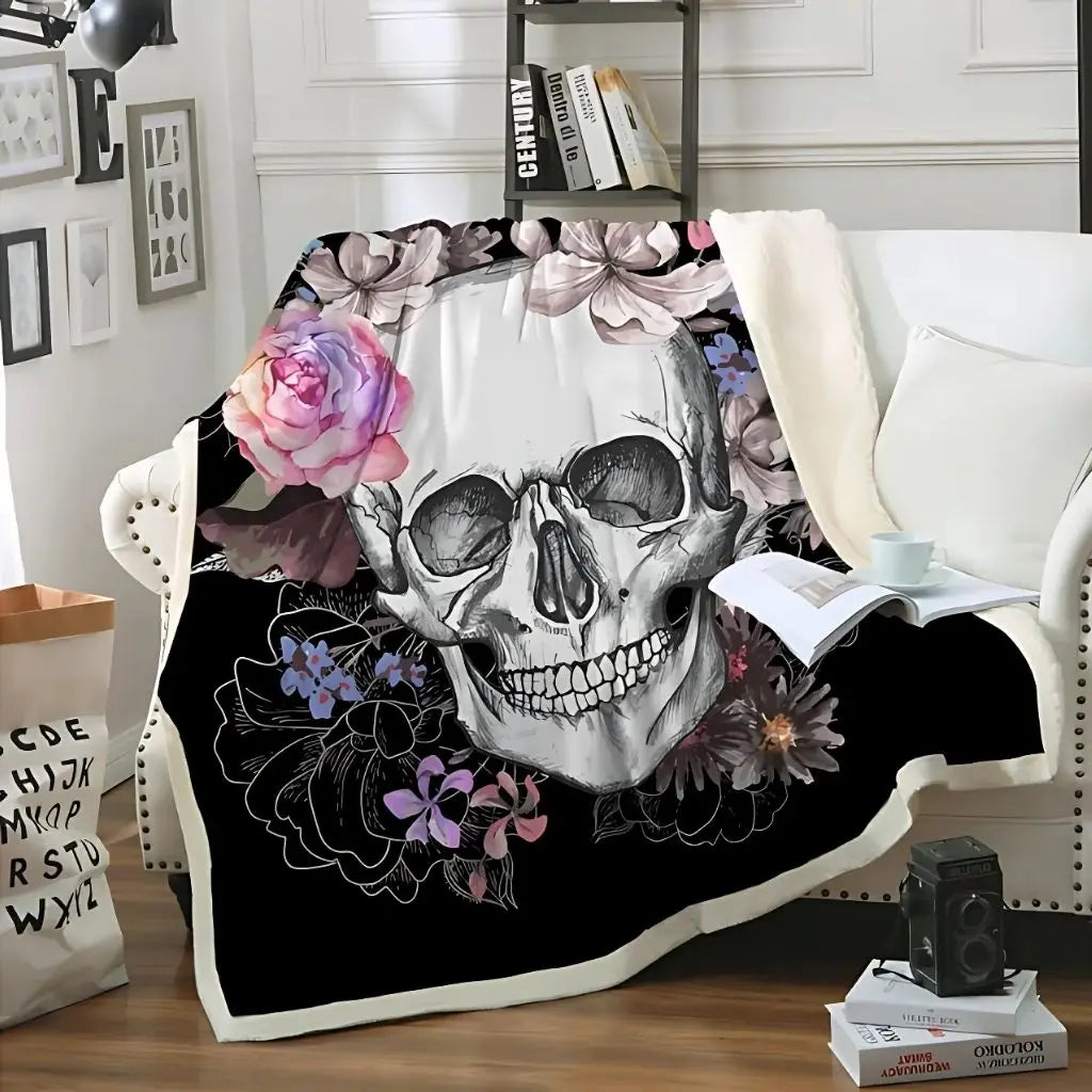Thickened velvet skull floral blanket ideal for sofa throw, bed cover, and outdoor comfort use