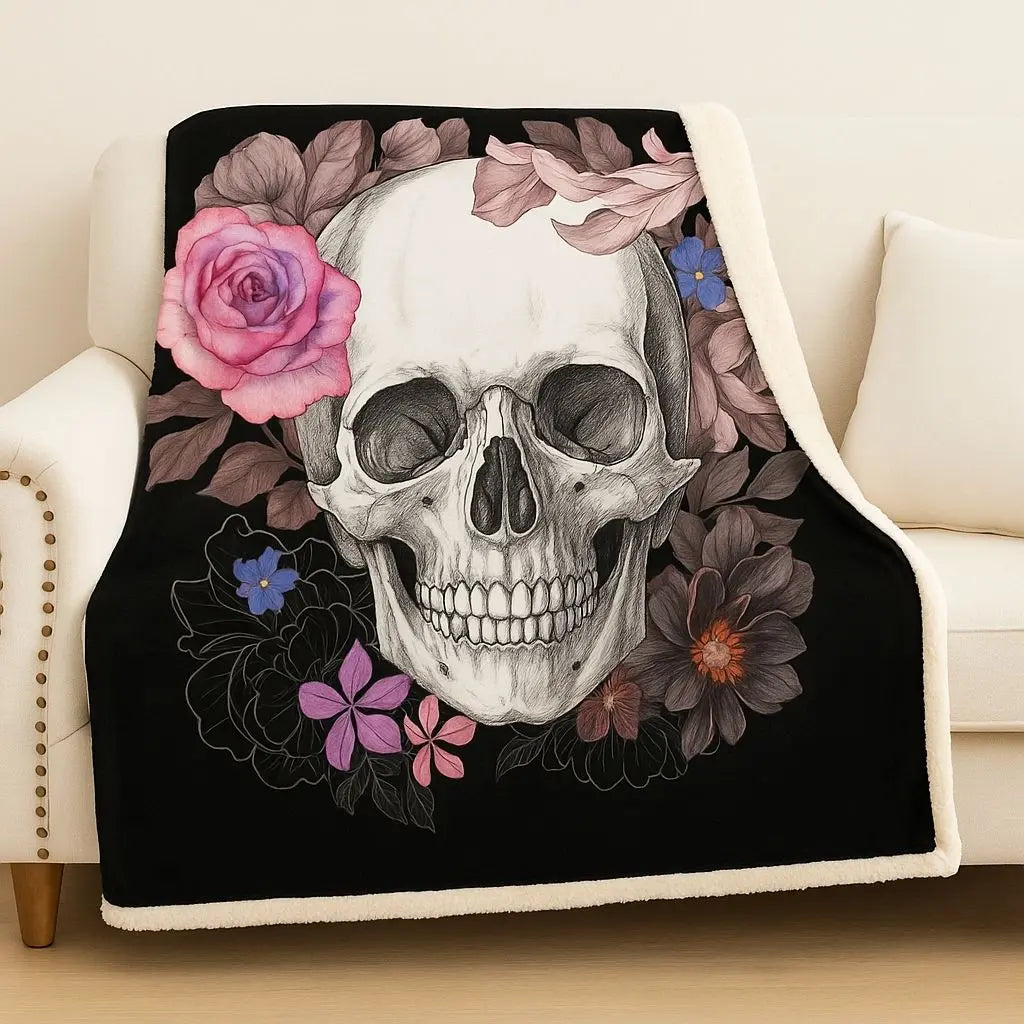Skull floral velvet throw blanket with gothic design, soft thickened texture for cozy home decor comfort