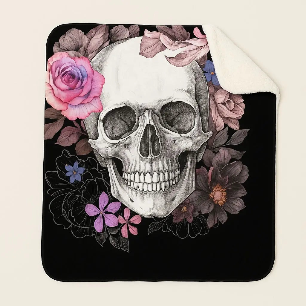Gothic floral skull velvet blanket showcasing dramatic modern design perfect for bedroom and living room