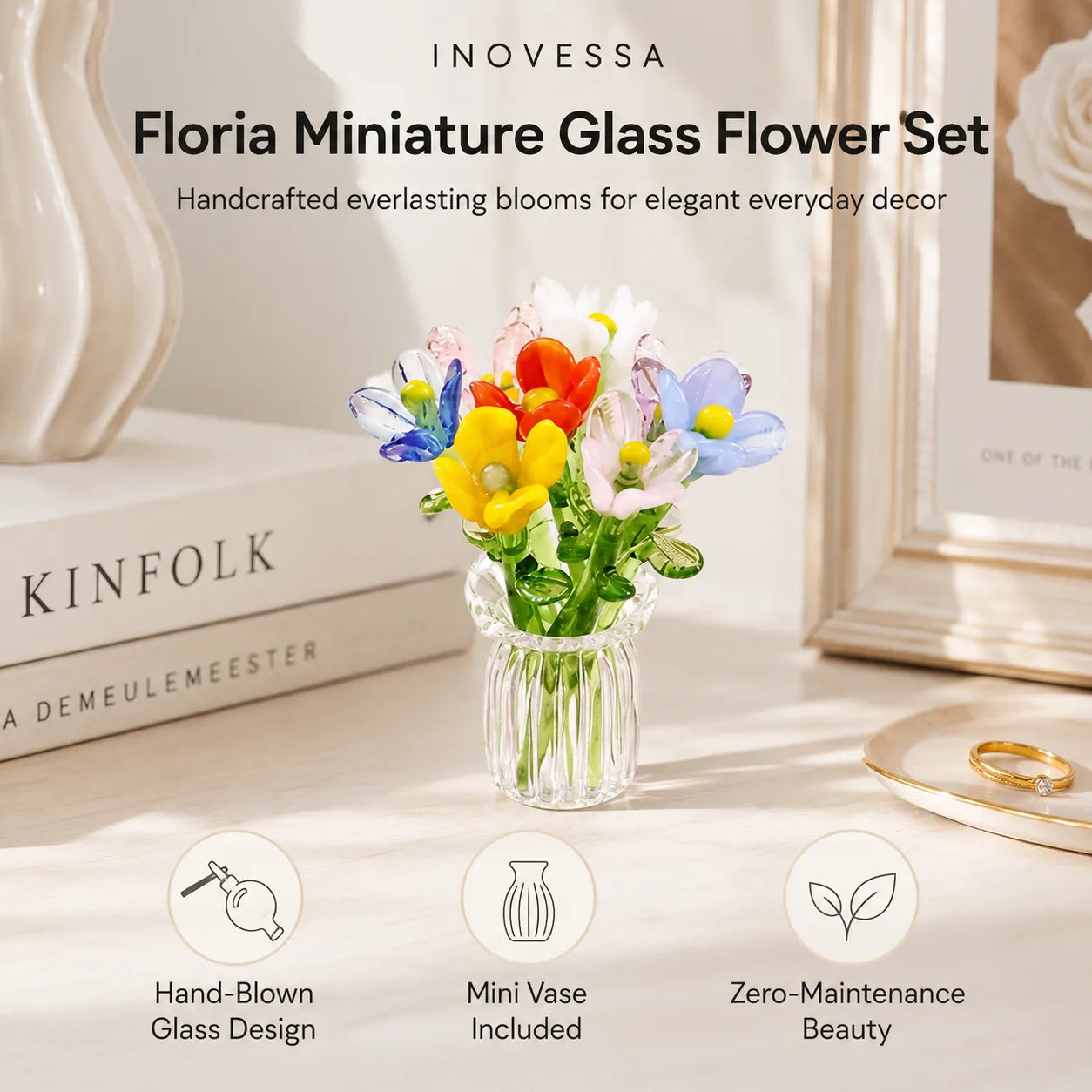 INOVESSA Floria Miniature Glass Flower Set with colorful flowers in a clear vase on a table.