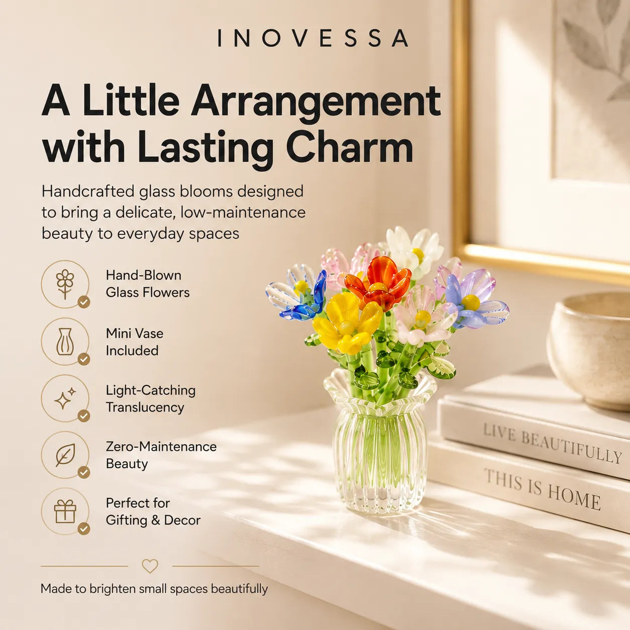 Glass flower arrangement in a vase with promotional text about INOVESSA on a neutral background.