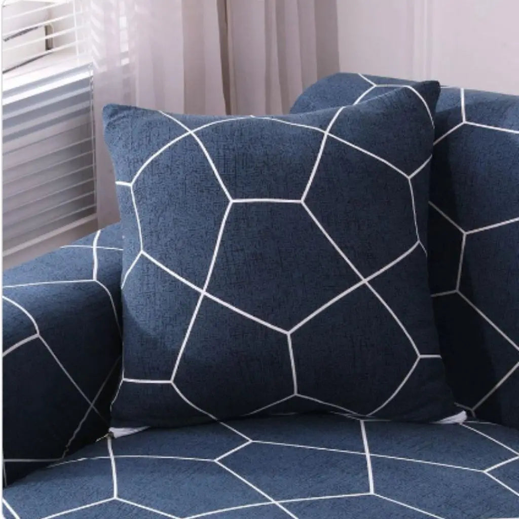 Durable geometric cushion covers made from abrasive cloth fabric with modern color-block design elements