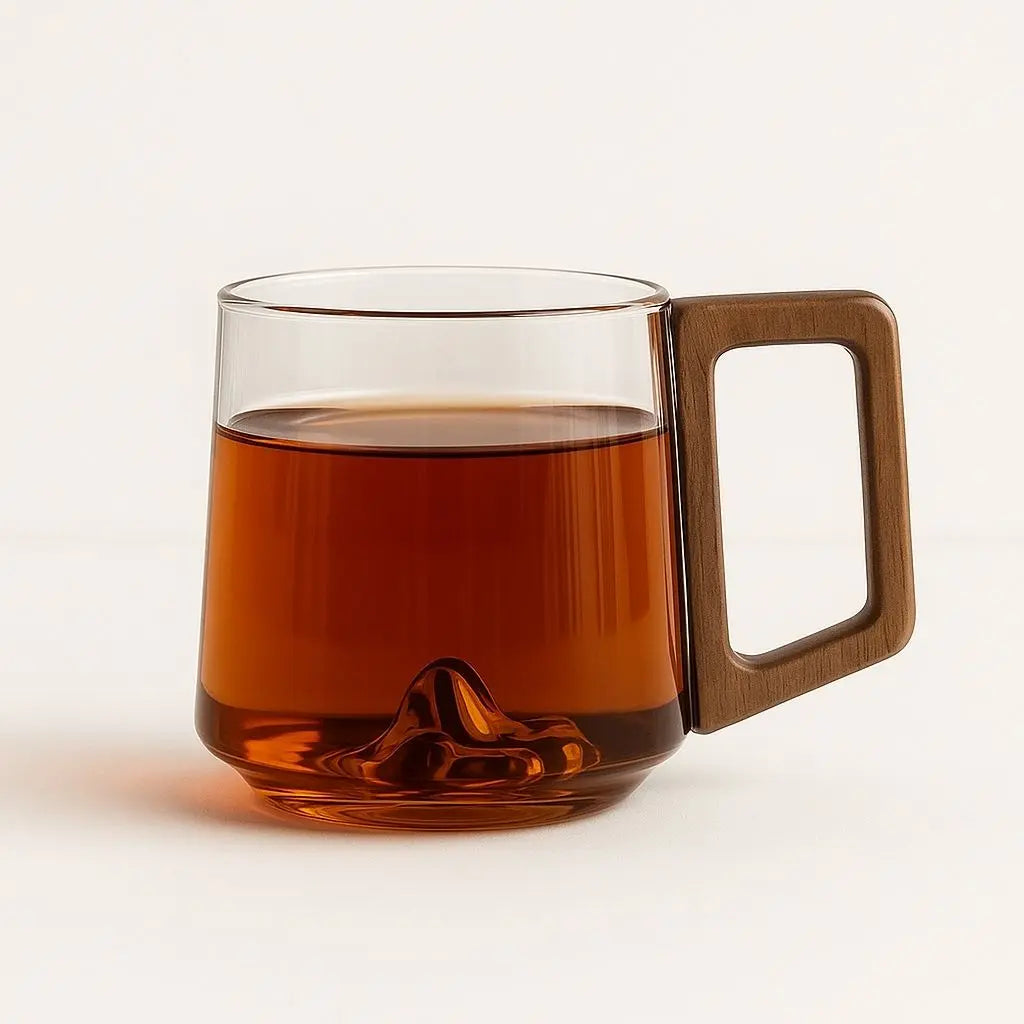 Clear glass mug with wooden handle filled with a brown liquid on a light background