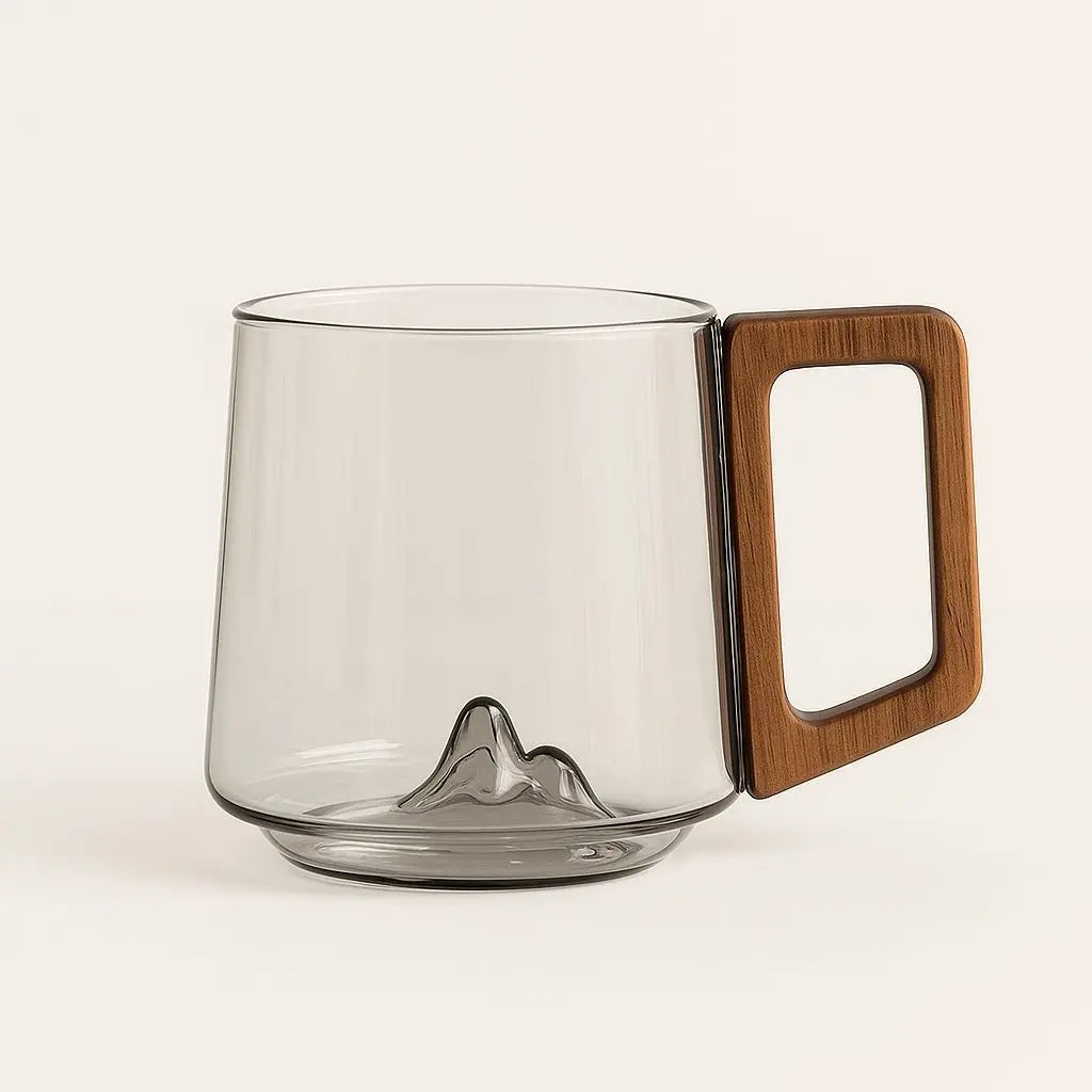 heat-resistant borosilicate glass mug with a wooden handle on a white background