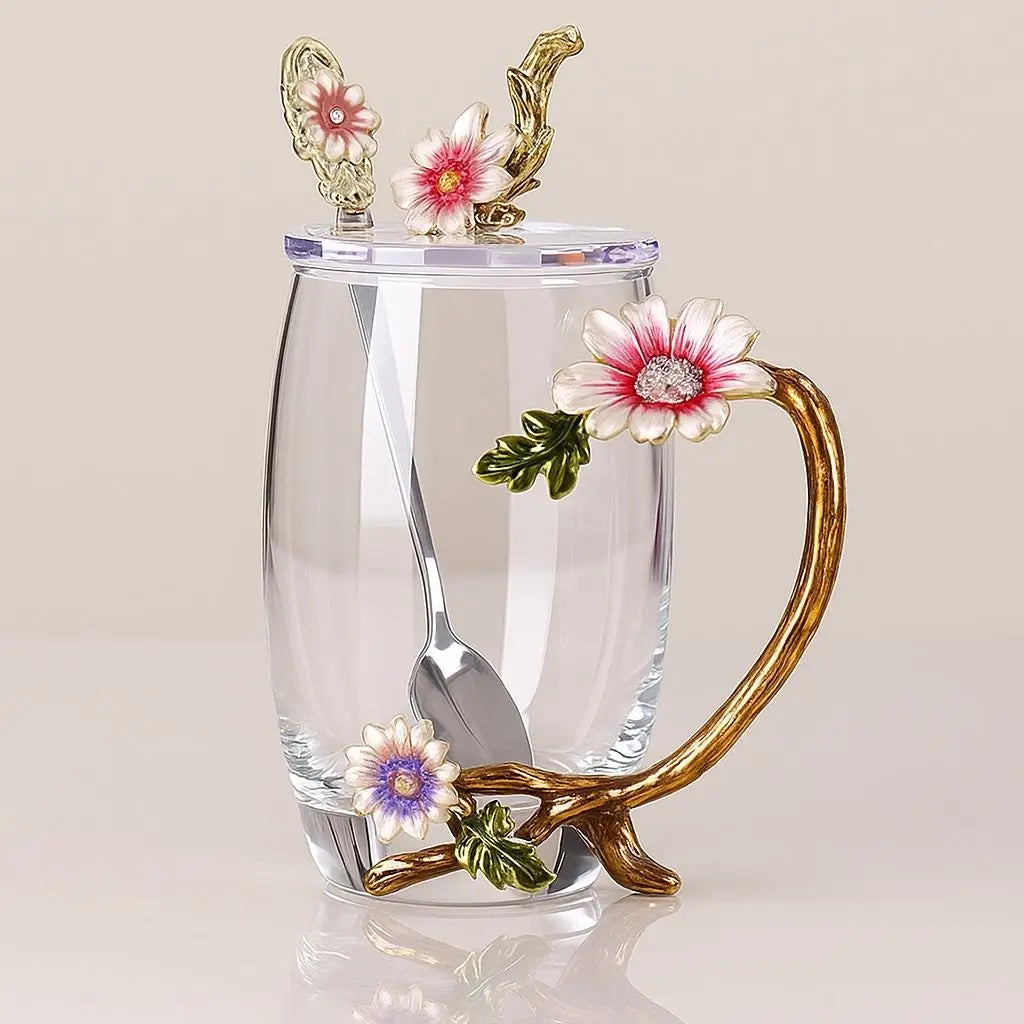 Premium glass tea cup featuring artistic flower painting and luxurious gold handle