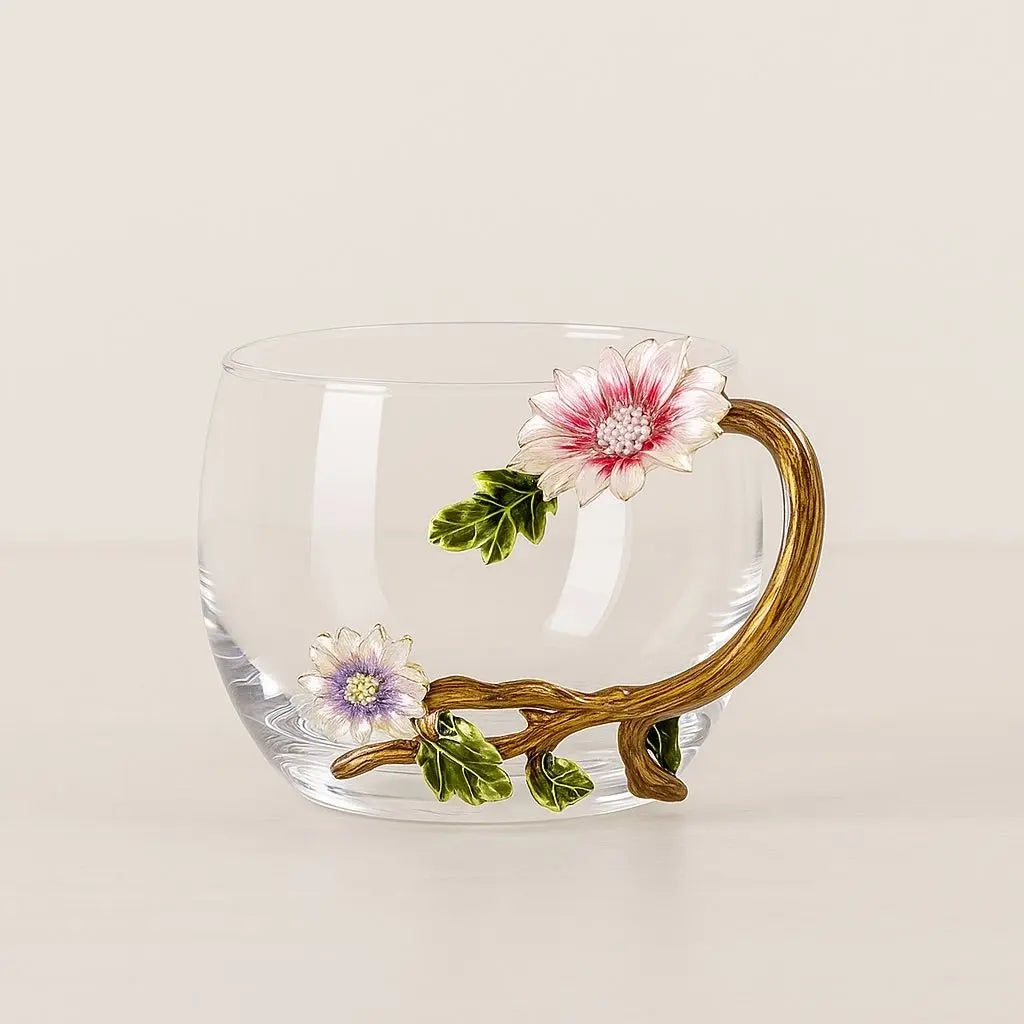 Crystal glass tea cup with hand-painted enamel flowers and gold handle for hot beverages