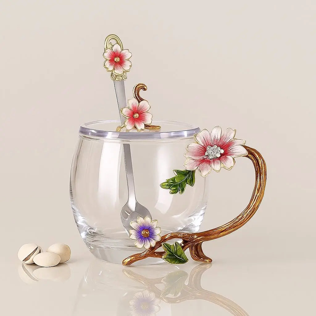 Heat-resistant crystal glass cup with decorative flower pattern and elegant gold handle